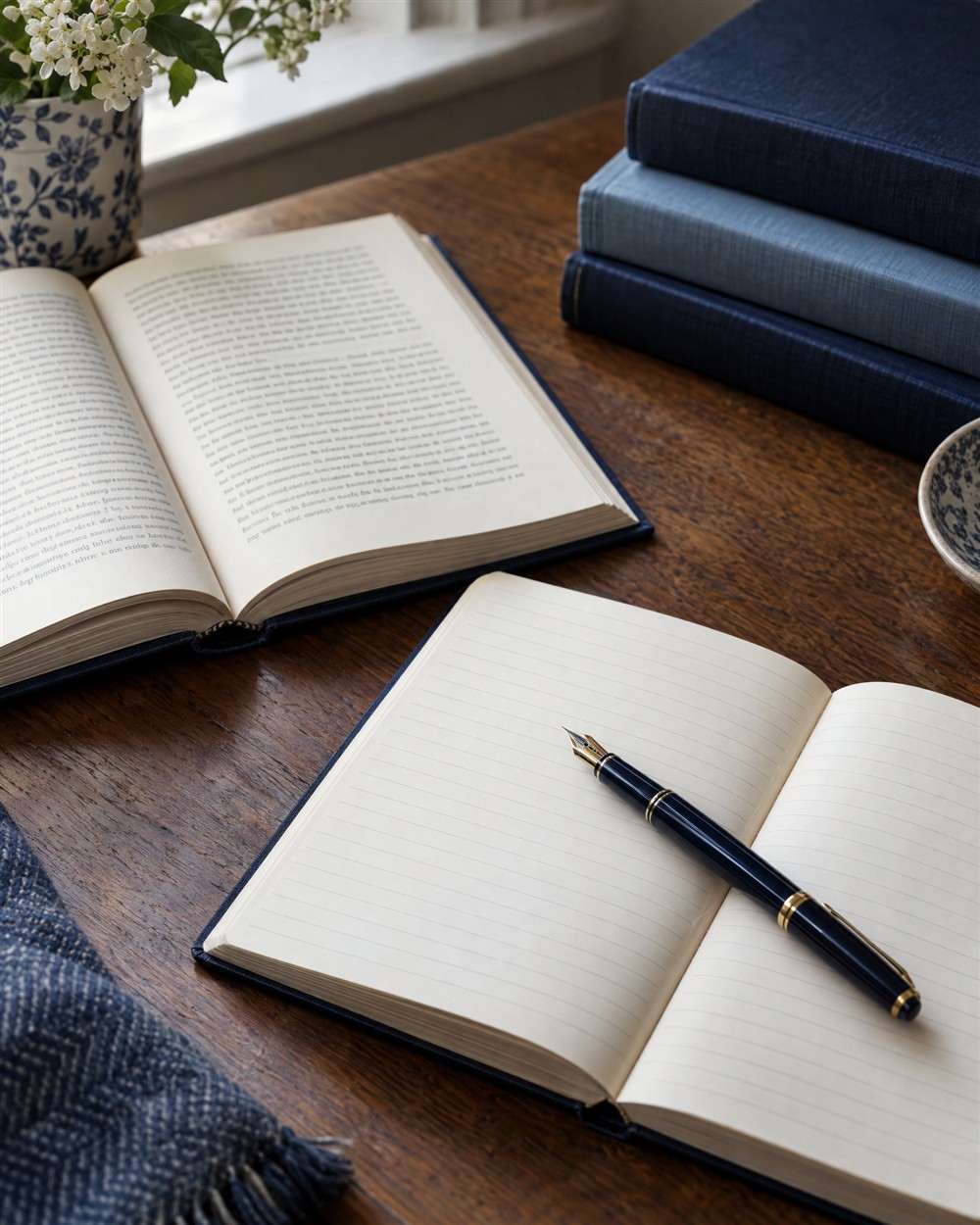 Illustrative study scene with a literary book, lined notebook and fountain pen